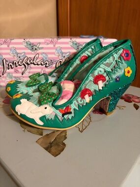 Irregular Choice Bunny Journey Green Embroidered Rabbit & Mushroom Heels